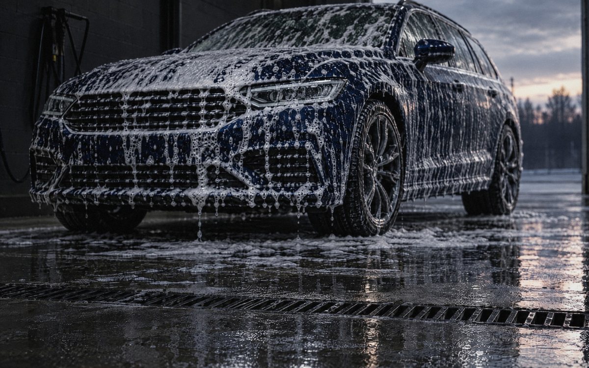 Auto pod aktívnou penou v umyvárni